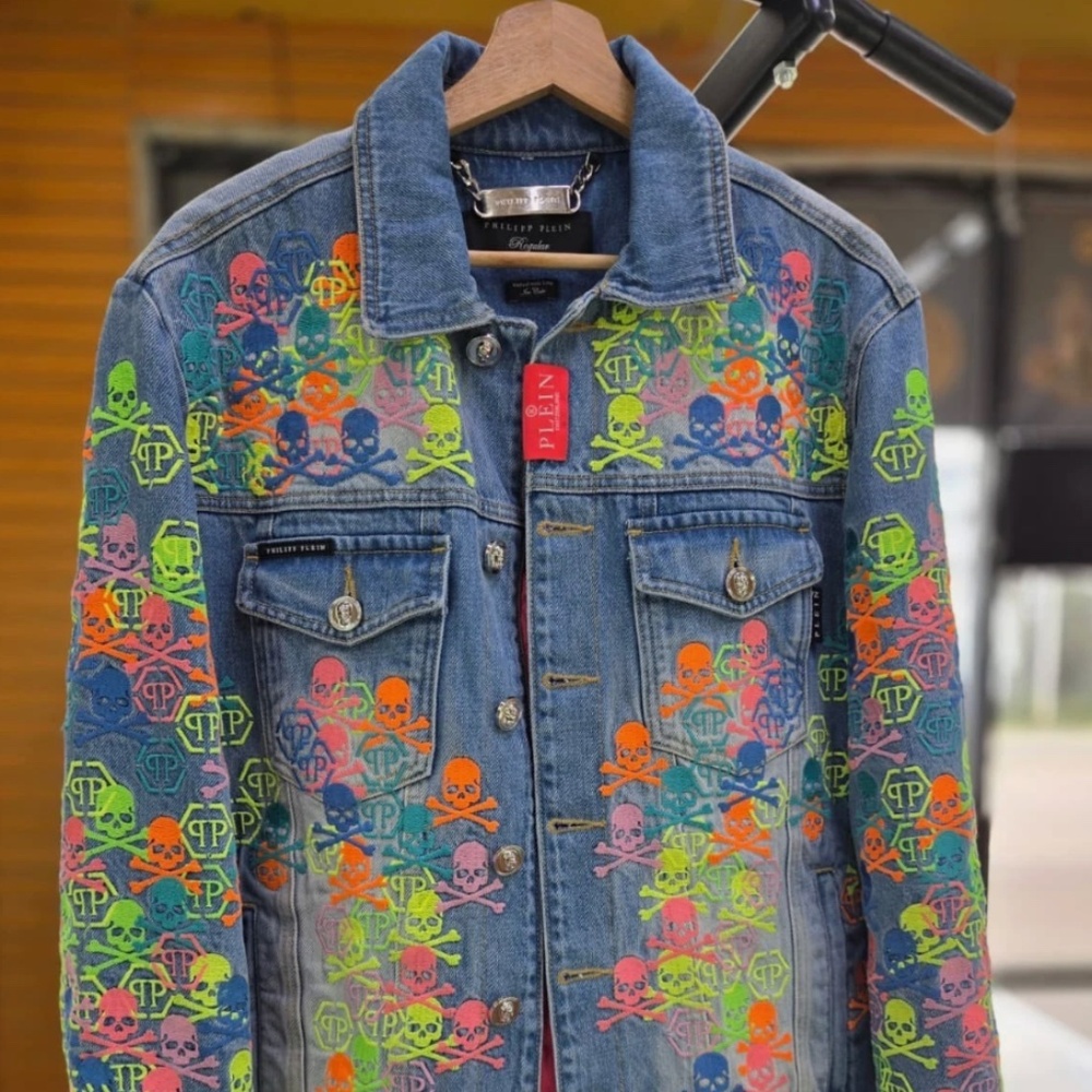 Philipp Plein Denim Jacket Skull Embroidered Multicolor Quilted Lining Size M